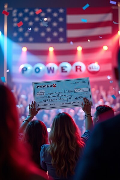vrouw die winnaar cheque boven zich uit bij trekking Amerikaanse powerball loterij